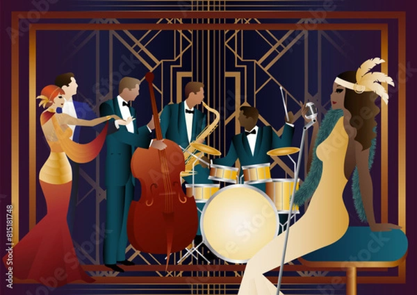 Obraz Jazz musicians, singer and dancers on a universal background. Double bass, saxophone, drum. Musicians play musical instruments