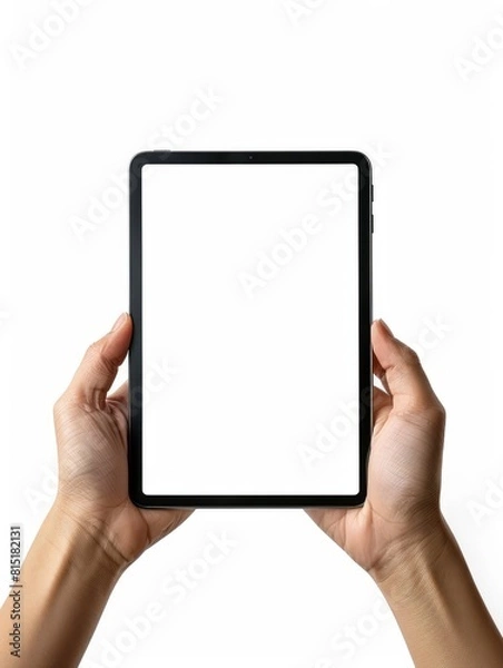 Obraz ipad pro with a blank screen in hands front look. space for text 