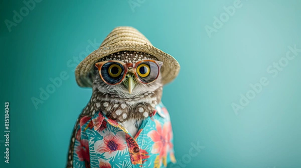 Obraz Irresistibly cute and clever owl wearing a Hawaiian shirt, hat, and glasses, ready for beach fun during hot summer days in the Mediterranean, against a monochrome background with warm and gentle color