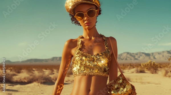 Obraz Portrait of a beautiful female model dressed in a unique dress with golden and shiny details, standing and posing in a desert environment during a sunny day