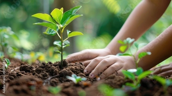 Fototapeta On World Environment Day the idea of ecology is beautifully symbolized by hands tenderly planting a sapling in the earth