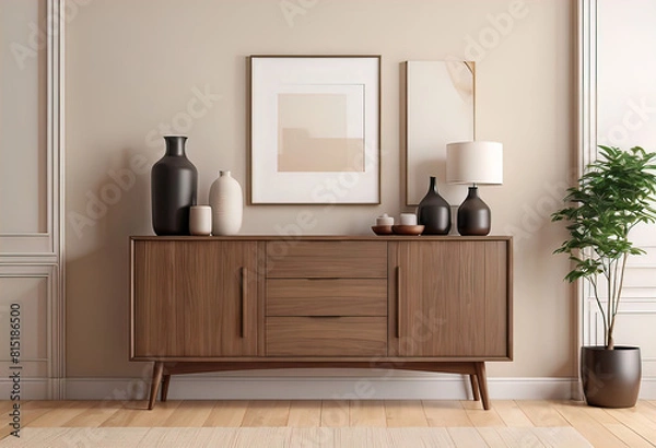 Fototapeta Accent modern wooden buffet with decorative items in room with empty white wall, minimalist interior design concept.