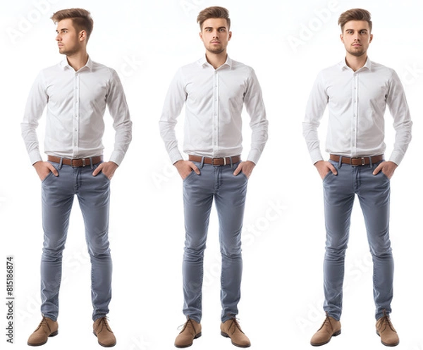 Obraz Set of business Man with natural face beauty, 25 years old, three side view on transparent background, cut out