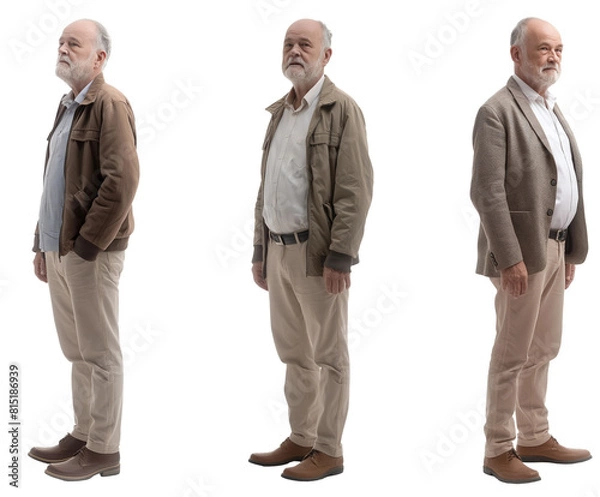 Obraz Set of elderly man with natural facial beauty, aged 60, three side views on a transparent background, cut out