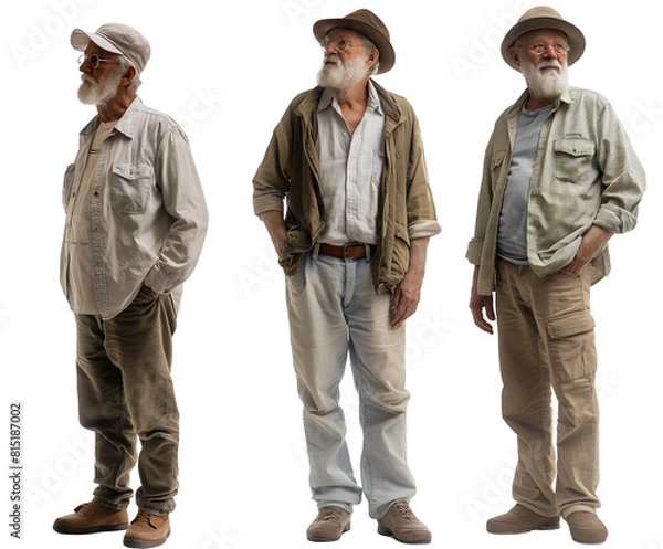 Obraz Set of elderly man with natural facial beauty, aged 60, three side views on a transparent background, cut out