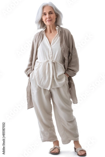 Obraz Old Woman with natural face beauty, 60 years old, three side view on transparent background, cut out
