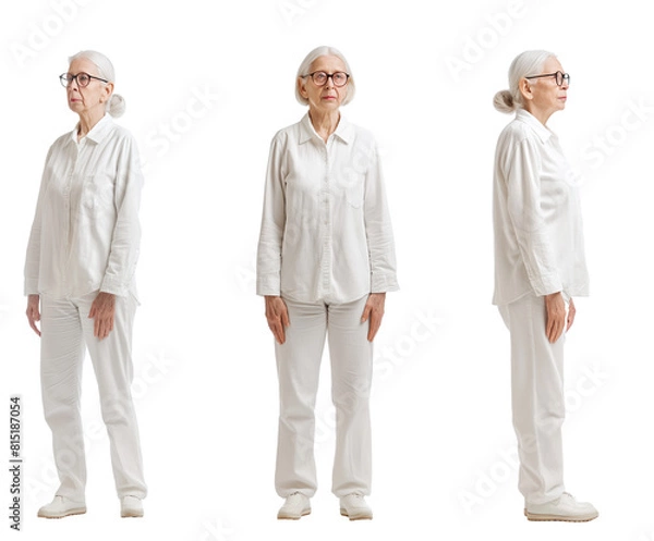 Obraz Set of old Woman with natural face beauty, 60 years old, three side view on transparent background, cut out