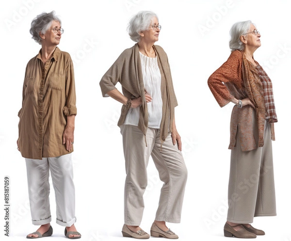 Obraz Set of old Woman with natural face beauty, 60 years old, three side view on transparent background, cut out