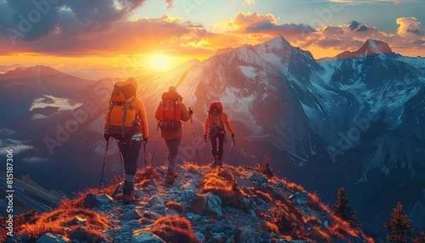 Fototapeta Team of adventurers on a mountain peak planning next move, sunrise, wide scenic angle