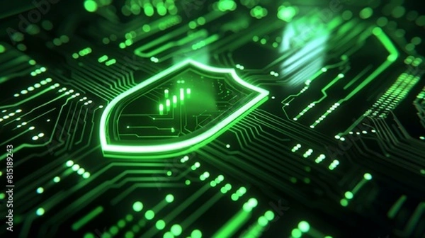 Fototapeta Glowing Green Shield Icon on Futuristic Computer Circuit Board