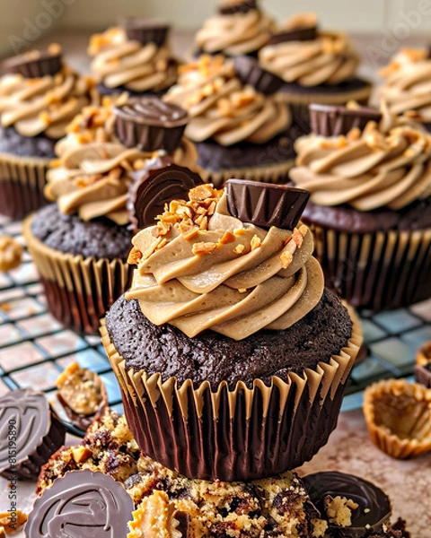 Obraz Chocolate cupcakes with peanut butter frosting and chocolate shavings