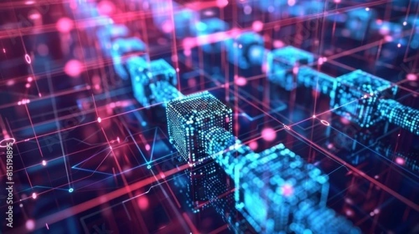 Obraz Futuristic digital blockchain network concept with glowing cubes and grid lines