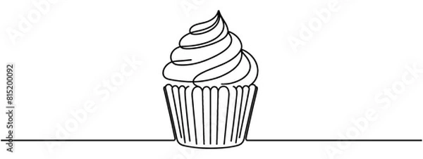 Obraz Muffin cake one single line drawing for logo. Sweet cupcake with cherry, delicious pastry online shop icon restaurant badge concept. Modern hand draw vector illustration.