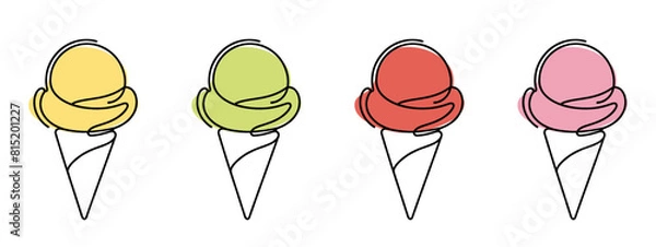 Obraz Ice cream in waffle cone in one continuous line drawing. Symbol dessert gelato for menu and business card design in simple linear style. Editable stroke. Doodle contour vector illustration
