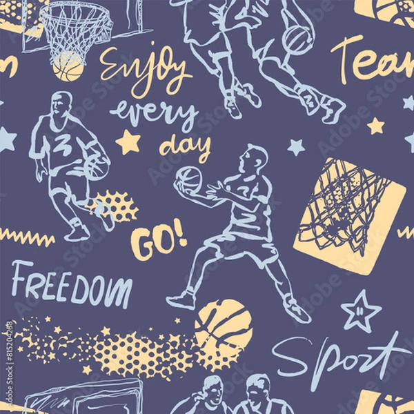 Fototapeta Seamless pattern for basketball, hand drawing, typography. Print design for T-shirts. Sports background with text and ball for a boy. Sketch, grunge style.

