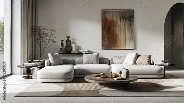 Fototapeta Modern Comfort: Minimalist Living Room with Modular Sofa and Statement Area Rug
