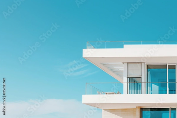 Fototapeta Close up of luxury house white villa with balcony terrace over blue sky. Minimalist architecture background with copy space.