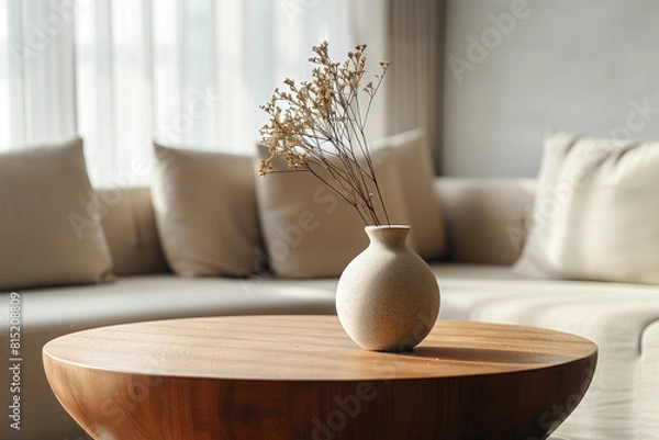 Fototapeta Close up of round wooden coffee table and vase on it near sofa against window. Minimalist interior design of modern living room home.
