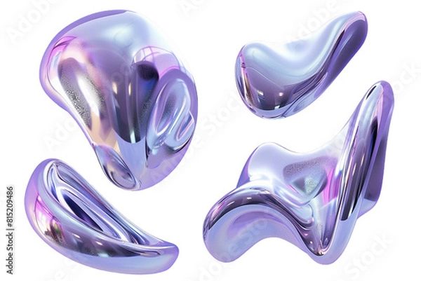 Obraz Y2K Melty holographic chrome shapes isolated. Spilled liquid metal drops. Futuristic metallic puddles, abstract 3d shapes