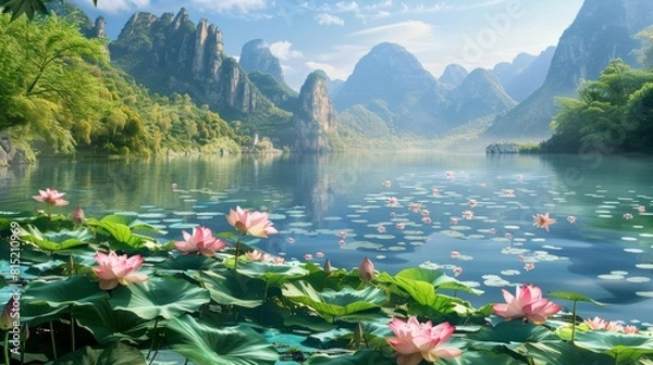Obraz Beautiful scene of a serene lake adorned with blooming lotus flowers, surrounded by majestic mountains under a bright sky with scattered clouds.