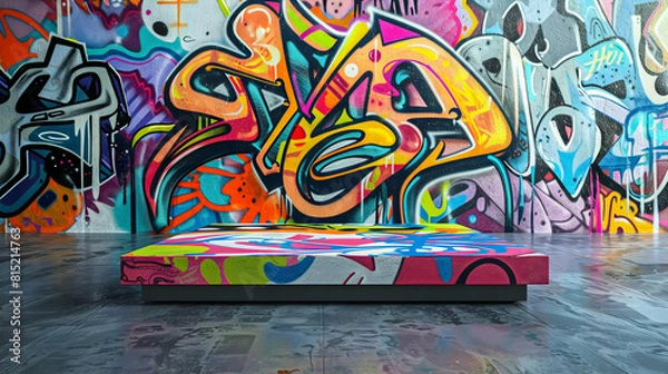 Fototapeta Background podium 3D product display stand platform Urban graffiti rectangular podium with a backdrop covered in vibrant street art