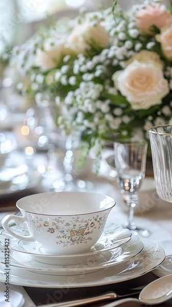 Fototapeta Elegant wedding table setting with floral teacups and roses in a softly lit environment