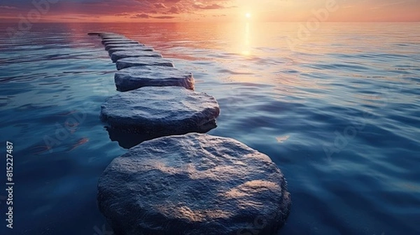 Fototapeta Abstract visualization of life milestones as stepping stones over a calm sea, wisdom journey, dawn light, front view