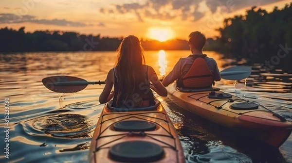 Fototapeta couple kayaking on the lake together at sunset. Have fun in your free time