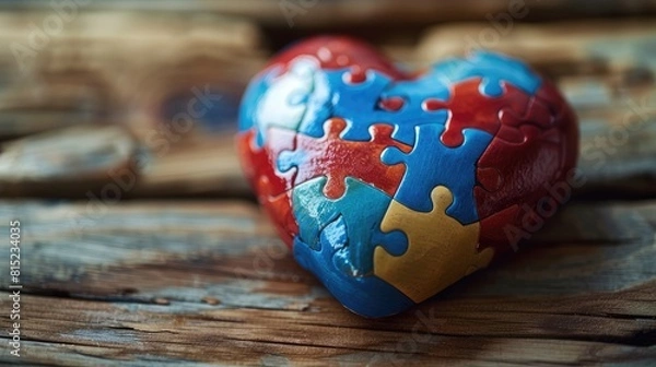 Fototapeta On World Autism Awareness Day the mental health care theme is symbolized by a heart adorned with a puzzle or jigsaw pattern