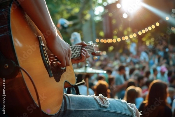Obraz Close-up of musician playing acoustic guitar on stage during live concert.