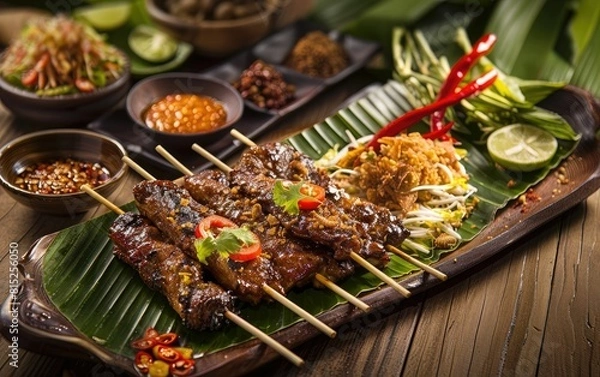 Fototapeta Savory skewers on a leaf with zesty sides