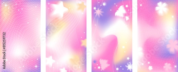 Fototapeta Cute y2k pink anime stories background set. Magic purple yellow glow with butterfly. Stock vector illustration in cartoon blurry style. Romantic fantasy vibe banner. Can be used as wallpaper.