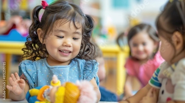 Obraz A young child is interacting with her doll in kindergarten amid a group of playful nursery school kids