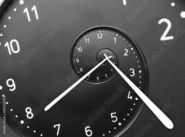 Fototapeta Infinity and other time related concepts. Black clock face twisted in spiral, fractal pattern