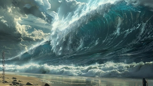 Fototapeta giant wave approaching an island during the day in high resolution and high quality