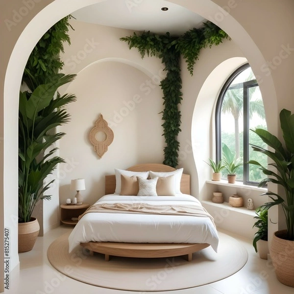 Fototapeta Ultra realistic  photo of Modern take on upscale bali inspired small condo white beige tan stone round arches interor view of  bedroom withtropical foliage