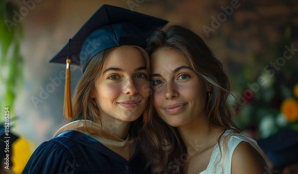 Fototapeta Happy graduation student with her mother celebrating at home. Generative AI