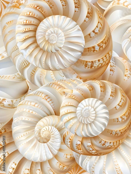 Fototapeta A variety of white shells arranged in a spiral pattern. The shells are of different sizes and are placed in a way that creates a sense of depth and movement. Scene is serene and calming