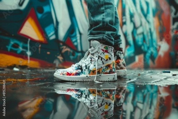 Fototapeta A stylish streetwear scene showcasing a person wearing custom hand-painted sneakers with graffiti-style artwork