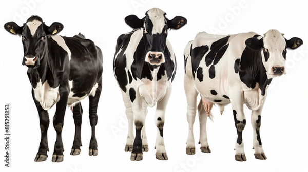 Obraz "Set of Three Black and White Cows, Animal Pack Isolated on White Background as Transparent PNG. Blank White Backdrop -