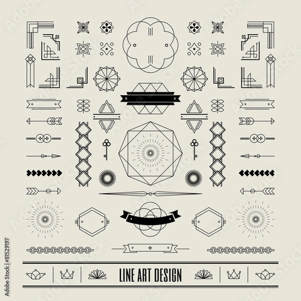 Obraz Zestaw liniowych cienkich linii w stylu art deco retro vintage design elementów