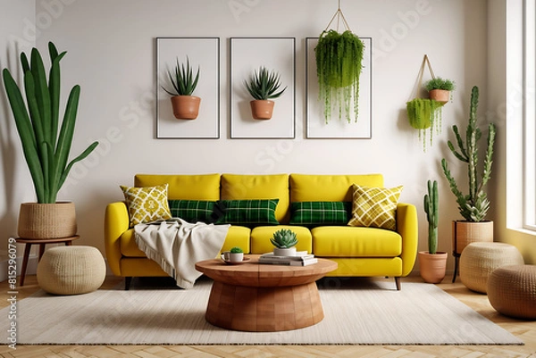 Fototapeta Living room interior with yellow sofa, pillows, green plaid and coffee table with succulents in pots on white wall background. 3D rendering.