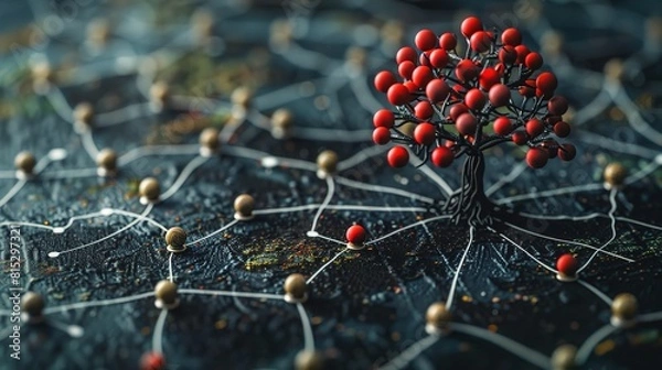 Fototapeta Analyzing the best options in competitive scenarios, game theory strategies are represented through strategic decision trees.