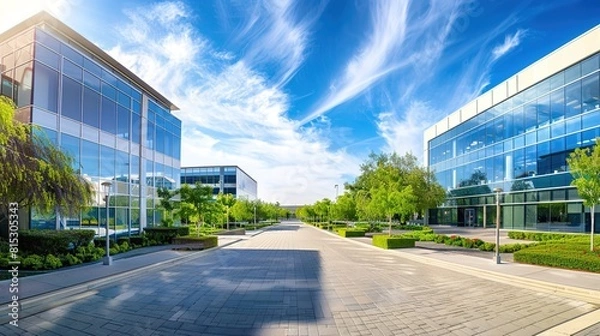 Fototapeta Panoramic shot of a corporate campus with landscaped grounds and multiple office buildings, fostering a productive work environment.