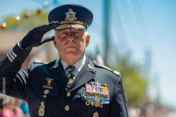 Fototapeta Navy veteran in uniform saluting, clear day with Memorial Day parade in the background.