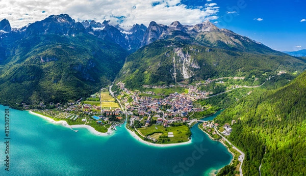 Fototapeta Drone Panoramic View of Molveno Lake Surrounded by Italian Alps and Lush Greenery