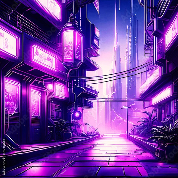 Fototapeta 나이트, 도시, 네온사인, 자주색, 골목길, 사이버 펑크