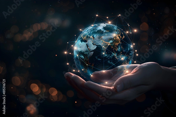 Obraz A hand holding a globe with a network of lines connecting it