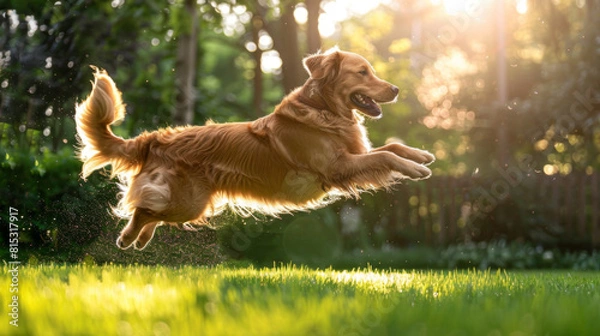 Fototapeta A playful Golden Retriever leaps through the air in a sunlit garden, showcasing its energetic and joyful nature.
