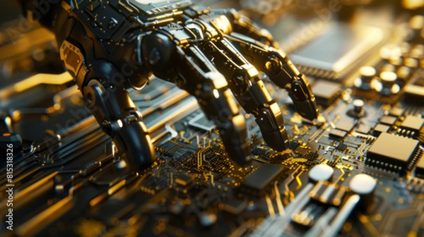 Fototapeta An engineer is placing an electronic circuit on a robotic arm, in a golden hues and industrial brutalism style.
